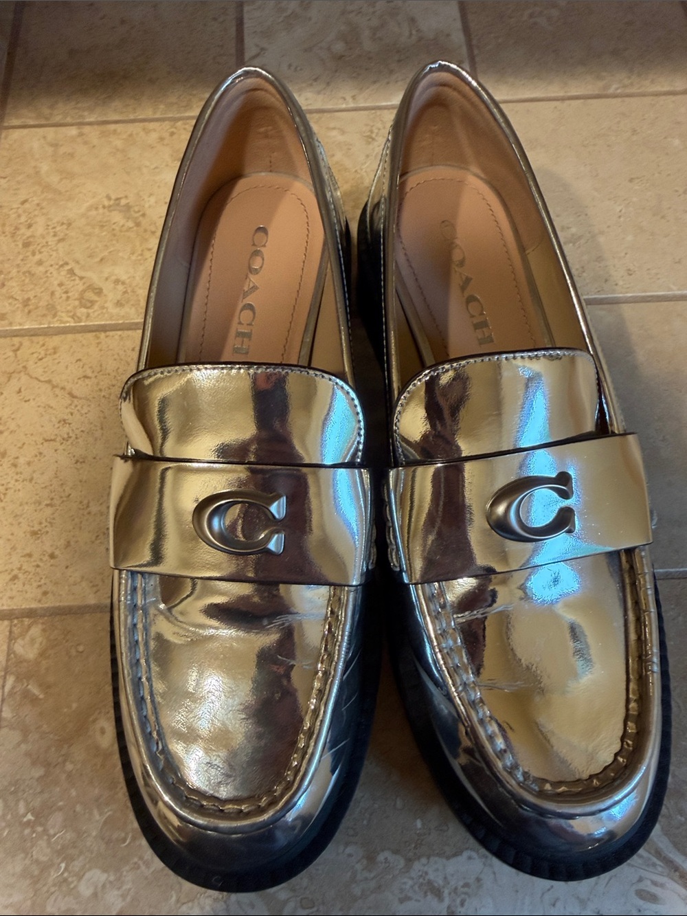 Coach Shiny Silver Penny Loafers